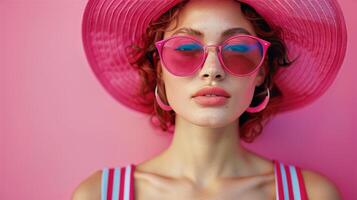 ai generato donna indossare rosa cappello e occhiali da sole foto