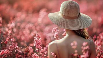 ai generato donna indossare cappello nel campo di fiori foto