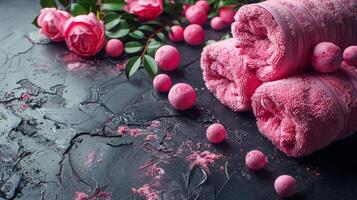 ai generato mucchio di rosa bagno asciugamani accanto rosa Rose foto