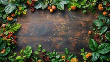 ai generato di legno tavolo coperto con verde le foglie foto