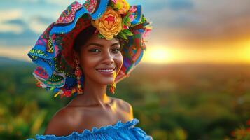 ai generato donna nel blu vestito con colorato cappello foto