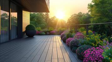 ai generato sole ambientazione al di sopra di ponte con fiori foto