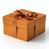 ai generato Marrone regalo scatola con oro arco foto