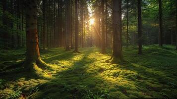 ai generato luce del sole filtraggio attraverso alberi nel foresta foto