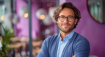 ai generato uomo con bicchieri e blu cardigan foto