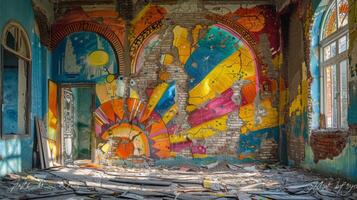 ai generato vivace murale su un' fatiscente parete, illustrare arte in mezzo decadimento foto