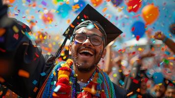 ai generato uomo nel la laurea berretto e toga circondato di coriandoli foto