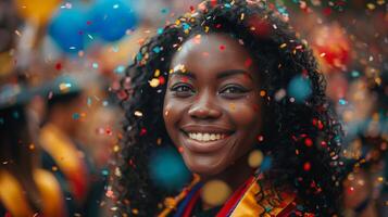 ai generato uomo nel la laurea berretto e toga circondato di coriandoli foto