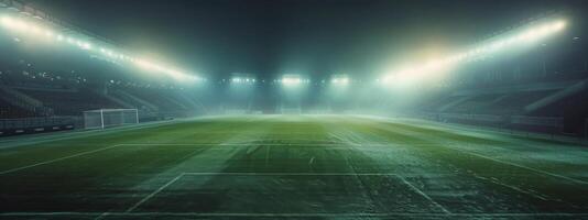 ai generato un' grande calcio stadio con un' verde campo foto