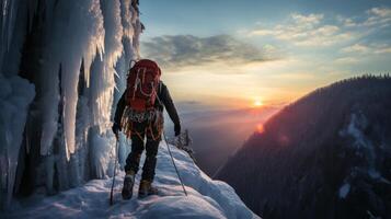 ai generato ghiaccio scalatore ascendente un' congelato cascata, freddo bordo avventura foto