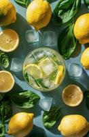 ai generato bicchiere di limonata con limoni e basilico foto