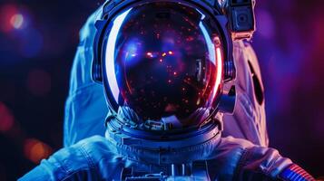 ai generato astratto astronauta creato con blu e viola leggero la pittura, impostato nel buio foto