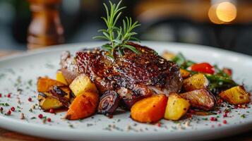 ai generato un' buongustaio anatra confit gamba con un' lato di arrostito verdure foto