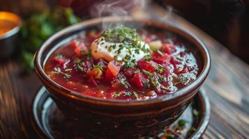 ai generato un' cottura a vapore ciotola di borscht con un' ciuffo di acida crema foto