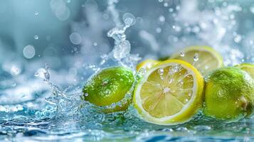 ai generato un' scintillante acqua spruzzo con Limone e lime fette galleggiante in giro foto