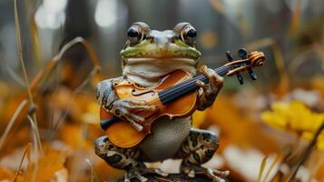 ai generato un ottimista rana nel un' del musicista abbigliamento giocando nel un' concerto sala, foto