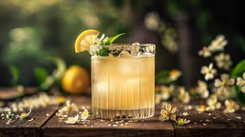 ai generato un' rinfrescante Fiore di sambuco cocktail con Limone e un' floreale contorno foto