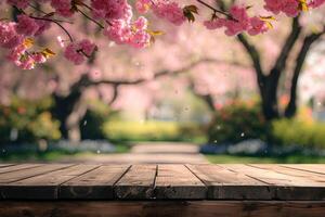 ai generato vuoto di legno tavolo nel sakura fiore parco con giardino bokeh sfondo con un' nazione all'aperto tema, modello finto su per Schermo di Prodotto foto