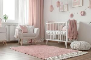 ai generato semplice, rosa bambino Camera da letto con culla e tappeto. foto