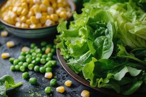 ai generato fresco verde insalata su il tavolo nel il cucina foto