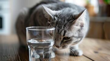 ai generato ritratto di un' gatto guardare a un' bicchiere di acqua. foto