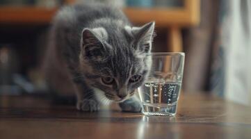 ai generato ritratto di un' gatto guardare a un' bicchiere di acqua. foto