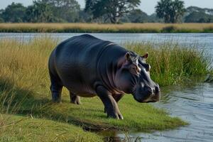 ai generato ippopotamo a piedi attraverso il erba nel il caldo mattina leggero foto