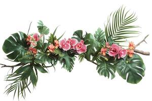 ai generato floreale preparativi con tropicale le foglie e orchidee. tropicale fiore arredamento su albero ramo su bianca sfondo. foto