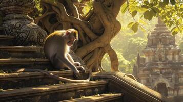 ai generato scimmia rilassante su le scale con un' albero dietro a esso, nel il stile di buddista arte e architettura. foto