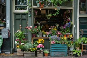 ai generato un' fiore negozio, bellissimo colorato fiori all'aperto. foto