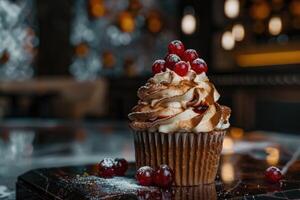 ai generato gustoso Cupcake con crema e mirtillo rosso foto