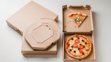 ai generato ristorazione scatole, forno scatole, chiuso Pizza scatole, e cibo scatole, su un' bianca sfondo. foto