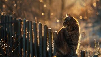 ai generato gatto seduta su un' recinto foto