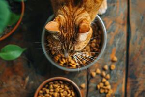 ai generato avvicinamento di gatto mangiare asciutto cibo a partire dal ciotola. foto