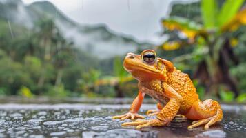 ai generato rana a il natura piscina nel verde tropicale foresta mostrando abbondante natura foto