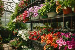 ai generato fiori e in vaso impianti nel un' serra. foto