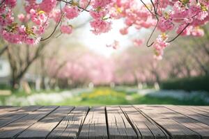 ai generato vuoto di legno tavolo nel sakura fiore parco con giardino bokeh sfondo con un' nazione all'aperto tema, modello finto su per Schermo di Prodotto foto