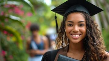 ai generato donna nel la laurea berretto e toga foto