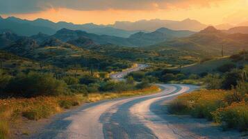 ai generato sporco strada principale per montagne foto