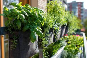 ai generato moderno verticale lussureggiante erba giardino piantatore borse sospeso su città appartamento balcone parete. balcone erba giardino concetto. foto