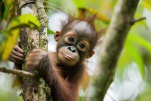 ai generato bambino orangutan nel il suo naturale ambiente nel il foresta pluviale foto