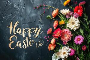 ai generato contento Pasqua testo con bellissimo colorato fiori mazzo. foto