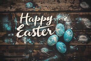 ai generato contento Pasqua testo con bellissimo colorato uova al di sopra di rustico Di legno. foto