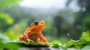 ai generato rana a il natura piscina nel verde tropicale foresta mostrando abbondante natura foto