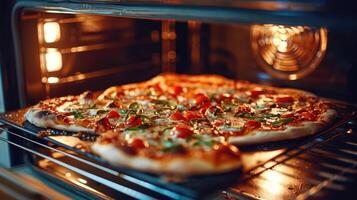 ai generato gustoso fatti in casa Pizza cucinando nel un forno a casa. foto