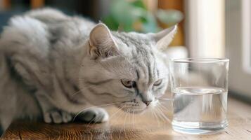 ai generato ritratto di un' gatto guardare a un' bicchiere di acqua. foto