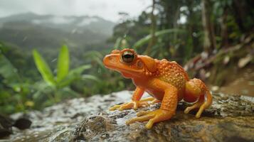 ai generato rana a il natura piscina nel verde tropicale foresta mostrando abbondante natura foto