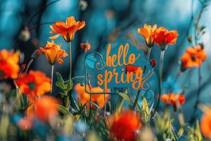 ai generato nostro 'ciao primavera' iscrizione impostato contro un' fondale di vivace fiori cattura il essenza di il stagione. foto