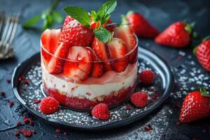 ai generato dolce con fragole e frustato crema foto