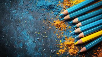 ai generato gruppo di matite su blu e giallo tavolo foto